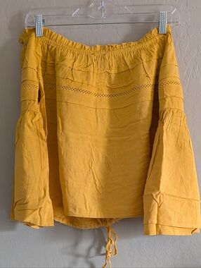 Women's Off-Shoulder Yellow Peasant Top With Bell Sleeves And Drawstring Hem